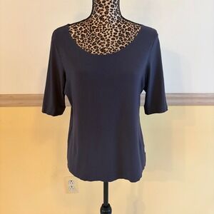 Eileen Fisher Women's Navy Blue Plain Short Sleeve Scoop Neck Top Size‎ Medium